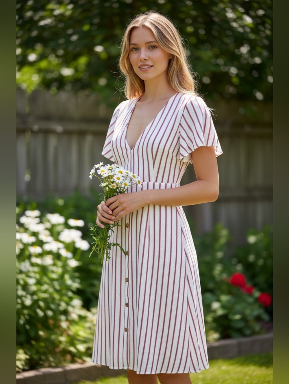Crystal Sky V-Neck Striped Midi Dress in White and Burgundy Size 3